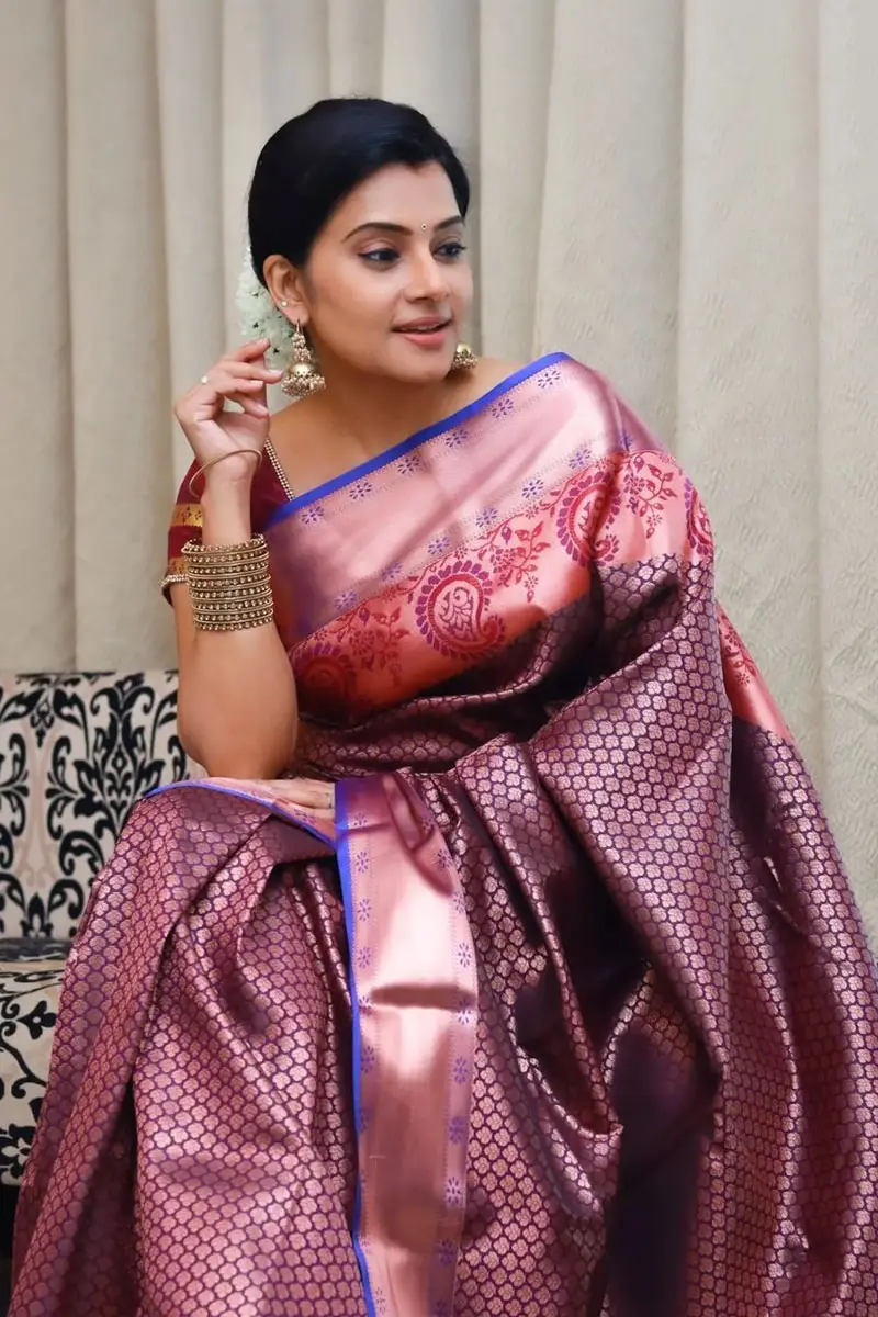 Tamil TV Actress Sruthi Raj Photos In Violet Saree Blouse